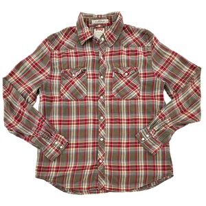 Levis Mens XL Plaid Western Snap Button Shirt Red Brown Flannel Modern Fit